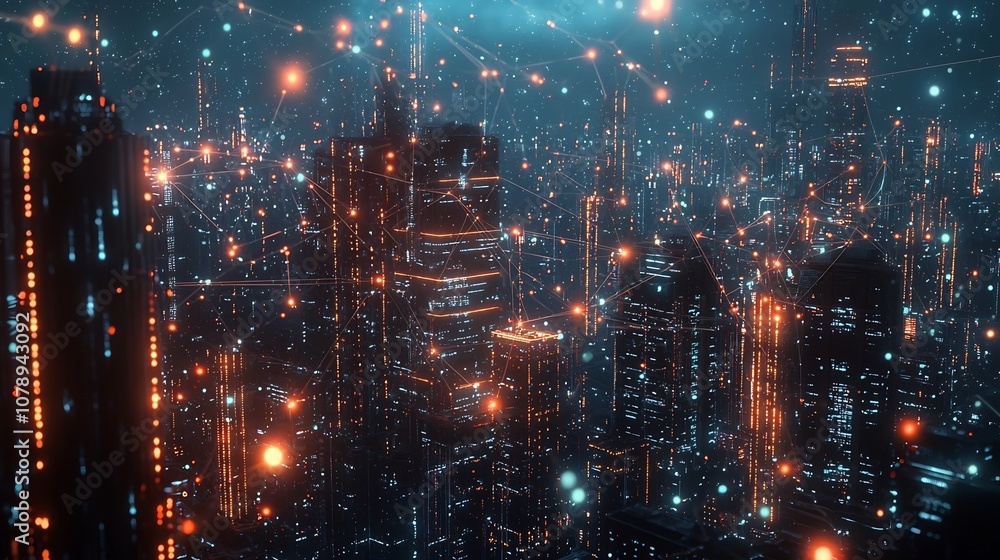 Poster cybernetic city with glowing quantum internet lines illustrating secure data exchange