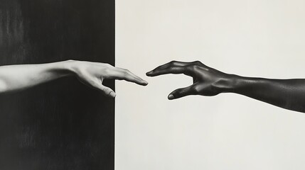 Two hands of different skin tones reach out towards each other, separated by a black and white background, symbolizing unity and connection.