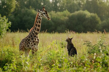 A tall giraffe is standing gracefully in a lush green field, observing a small cat that appears intrigued. The warm light of late afternoon enhances the peaceful atmosphere