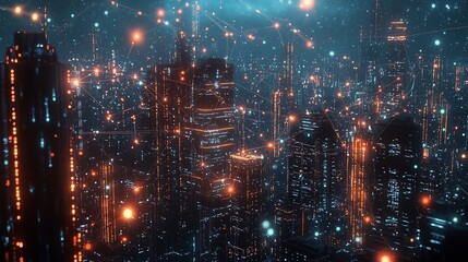 Fototapeta premium Cybernetic City with Glowing Quantum Internet Lines Illustrating Secure Data Exchange