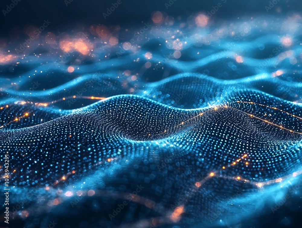 Poster quantum data flowing through interconnected network of glowing particles