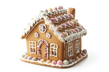 Charming gingerbread house with colorful decorations and festive icing