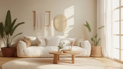 Elegant minimalist living room with a cozy white sofa, wooden coffee table, and beige rug, with plants for a refreshing touch. Beige walls add warmth.