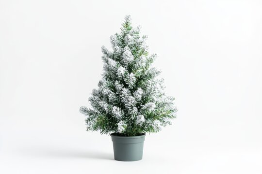 Small artificial Christmas tree with snow in a decorative pot