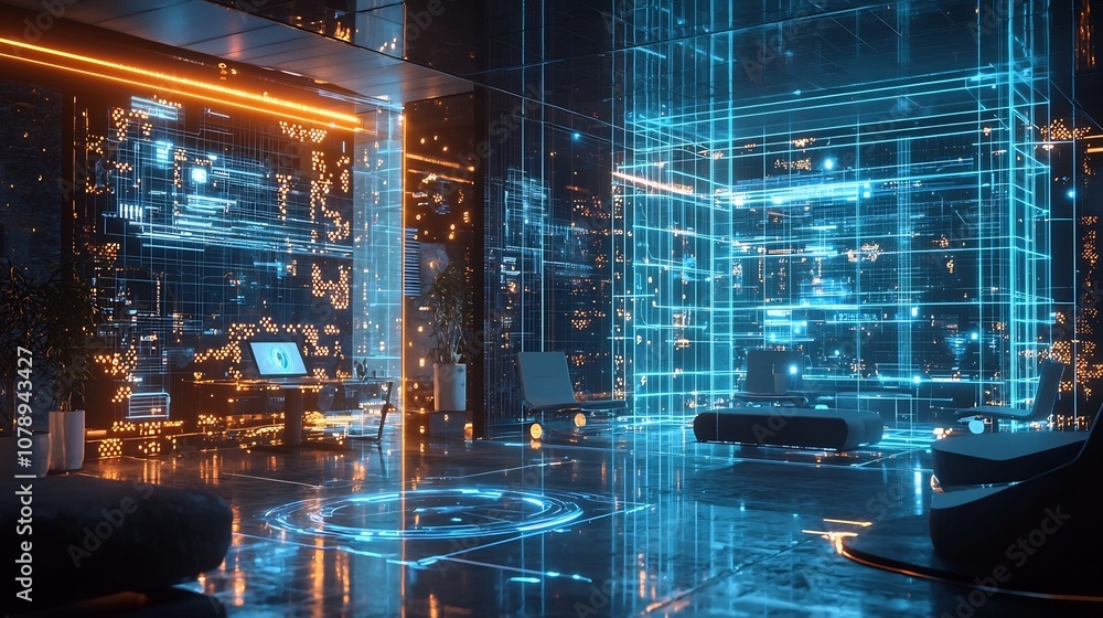 Poster futuristic office with holographic quantum internet terminals users interact with glowing shifting d