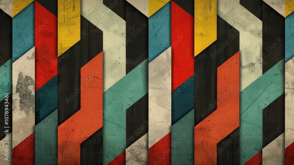 Poster abstract geometric pattern with colorful stripes and grunge texture.