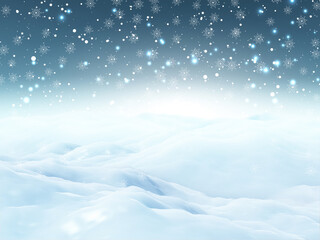 Beautiful winter landscape background banner of snowy mountains and snowflakes outdoors with space for text