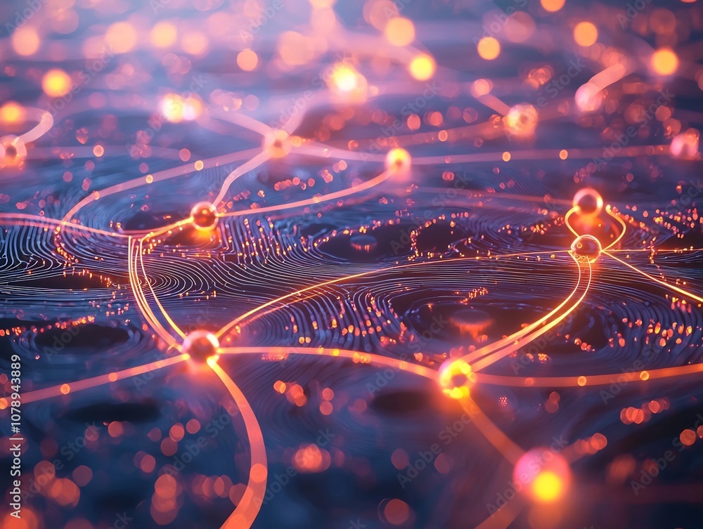 Poster quantum internet network blueprint with glowing tunnels and nodes