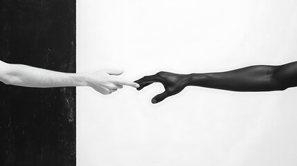 Two hands, one white and one black, reaching towards each other, separated by a black and white background.