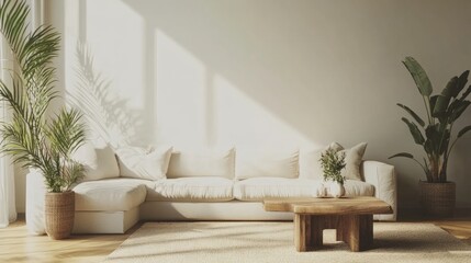 Minimalist decor with a white sectional, wood coffee table, beige rug, and green plants. Beige walls provide a neutral backdrop to the space. -