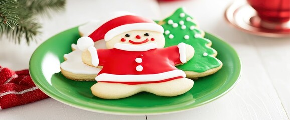 Christmas Cookies with Santa Claus and Christmas Tree Design on Green Plate