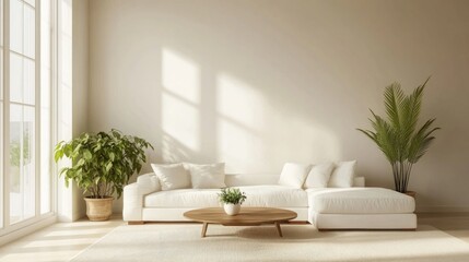 Minimalist decor with a white sectional, wood coffee table, beige rug, and green plants. Beige walls provide a neutral backdrop to the space. -