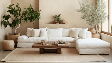 Fototapeta premium Minimalist living room featuring a white sectional sofa, wooden coffee table, beige rug, and potted plants, all against a neutral beige wall.
