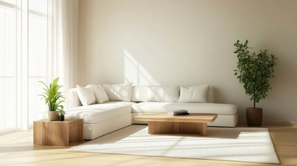 Minimalist decor with a white sectional, wood coffee table, beige rug, and green plants. Beige walls provide a neutral backdrop to the space. -