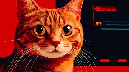 Layered cyberpunk cat texture with neon colors, metallic gradients, and mechanical details, providing a striking visual for creative, modern designs
