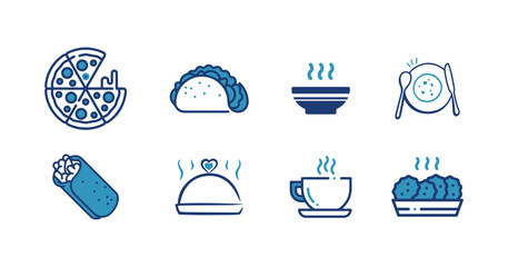 Simple and modern food icon set featuring pizza, tacos, soup, burritos, hot dishes, coffee, and snacks. Ideal for restaurant branding, menu designs, and food-related projects.