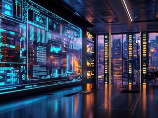 Digital Control Room with Holographic Display of Smart Grid Showcasing Real Time Energy Data