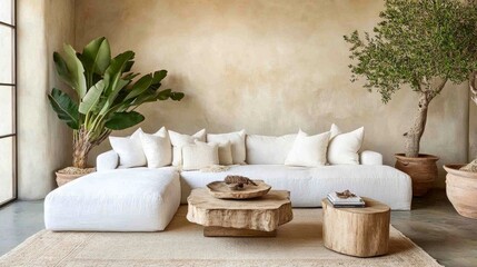 Minimalist living room featuring a white sectional sofa, wooden coffee table, beige rug, and potted plants, all against a neutral beige wall.