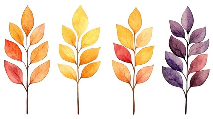 Fototapeta premium Colorful watercolor leaves arranged in a decorative pattern on a white background.