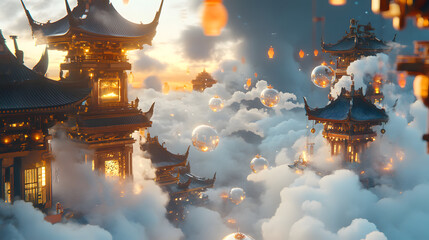 Hovering ramen stands between cloud spires, steam rising upward, floating lanterns, crystal dining bubbles, golden hour