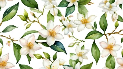 Delicate jasmine flowers arranged in a seamless pattern with lush leaves, suitable for nature-themed designs, textiles, wallpapers, or gift wraps.
