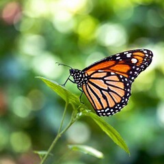 Fototapeta premium A macro photo of a butterfly with iridescent wings catching the light, soft focus creating a gentle blur of colors in the background, low angle shot that highlights the shimmering scales and the delic