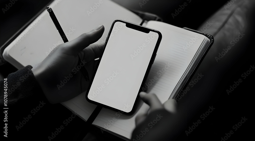 Poster A close-up of a hand holding a smartphone with a blank screen, next to an open notebook with a pen on top.