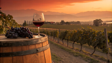 copa de vino sobre barril de madera con uvas del lado izquierdo de la imagen , atardecer , vineyard mendoza argentina wine, wine cellar, grapes, vines © Germn