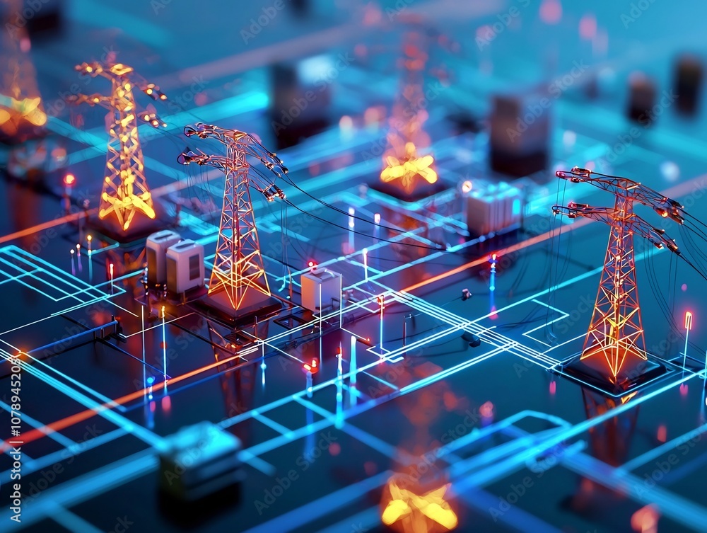 Poster futuristic interactive holographic display of smart grid energy network and management