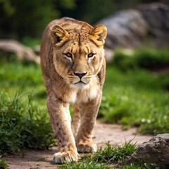 Obraz premium A full shot photo of a lioness crouched and ready to pounce, deep focus on its tense muscles and predatory gaze, low-angle shot that accentuates its readiness to spring forward and its raw power