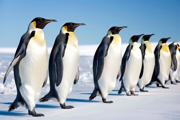 A line of emperor penguins waddling across the snow-covered Antarctic terrain showcases their distinctive black, white, and orange plumage. The clear sky enhances this minimalist moment