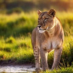 Obraz premium A full shot photo of a lioness bathing in the glow of a sunset, deep focus highlighting the silhouette of its full body, low-angle shot adding drama and grandeur to the scene