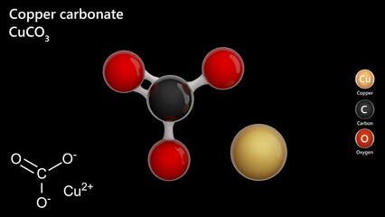 Molecule: Copper Carbonate. Molecular structure. Formula: CuCO3. Chemical model: Ball and stick. Black background. 3D illustration.