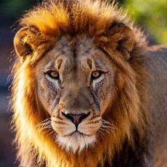 A close-up photo of a lion with sunlight catching its mane, deep focus on its calm expression and...