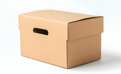 A closed cardboard box with a handle on a white background.