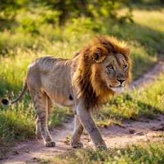 A macro photo of a lion crossing a sunlit savanna, deep focus on its silhouette against the bright...