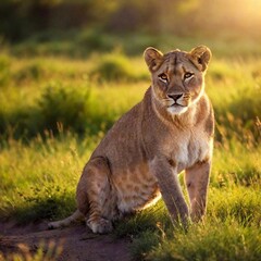 Naklejka premium A full shot photo of a lioness bathing in the glow of a sunset, deep focus highlighting the silhouette of its full body, low-angle shot adding drama and grandeur to the scene