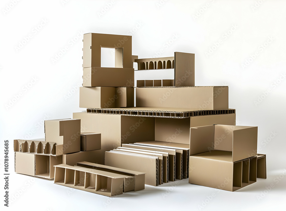 Poster a collection of brown cardboard boxes and dividers of various sizes stacked and arranged in a creati