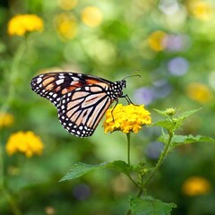 Naklejka premium A macro photo of a butterfly perched on a wildflower, soft focus softly blending the flower into the background, low angle shot looking up toward the butterfly, highlighting its elegance and delicate 