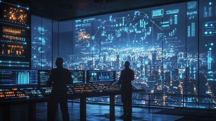 Futuristic Command Center Monitors Advanced Smart Grid Energy Management in Glowing 3D City Map