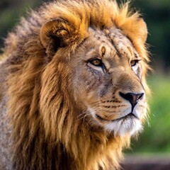 Naklejka premium A close-up photo of a lion resting with its eyes half-closed, deep focus on its relaxed facial features and mane, eye-level shot capturing a peaceful and contemplative moment