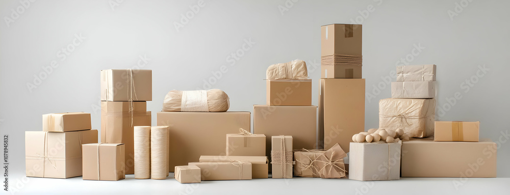 Poster a collection of various cardboard boxes tied with twine on a white background.