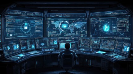 A Cybersecurity Professional Monitors Global Data Streams on Multiple Screens in a High-Tech Control Room.