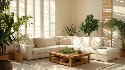 Obraz premium Spacious living room with a beige-themed setup, white sectional, wooden coffee table, and green plants on neutral beige walls. Natural and inviting.