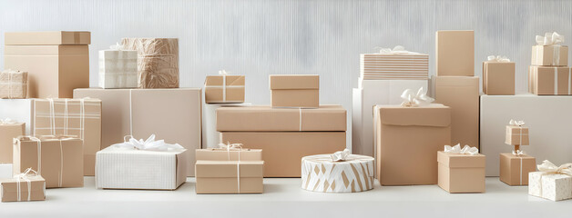 A collection of various sized, wrapped boxes with white ribbons and bows, arranged on a white surface in front of a textured wall.