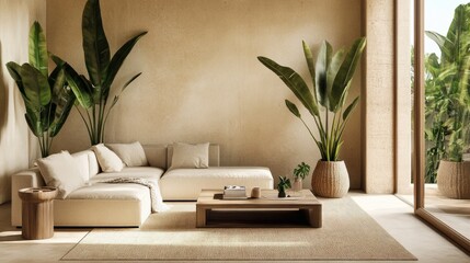 Spacious minimalist living room featuring a cozy sectional, beige rug, wood table, and fresh plants against a warm beige wall.