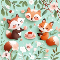 Fototapeta premium Cozy Friends Kids Storybooks Illustrations.Cute cartoon foxes enjoying tea among flowers, creating a whimsical and cheerful scene with a gentle color palette.