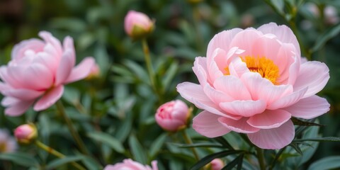 Obraz premium Pink peony flowers in full bloom creating a lush and vibrant background, nature, wallpaper, soft