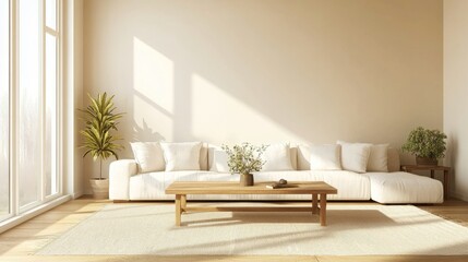 Warm, inviting living room with a white sectional sofa, wooden coffee table, beige rug, and a few plants. Beige walls enhance the minimalist decor.