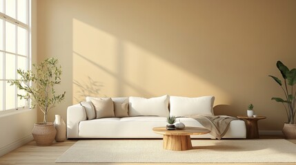 Fototapeta premium Warm, inviting living room with a white sectional sofa, wooden coffee table, beige rug, and a few plants. Beige walls enhance the minimalist decor.